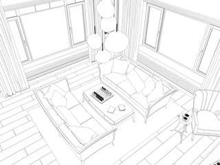 Fototapeta premium interior contour visualization, 3D illustration, sketch, outline
