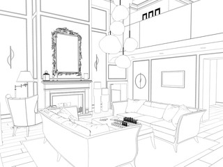 interior contour visualization, 3D illustration, sketch, outline