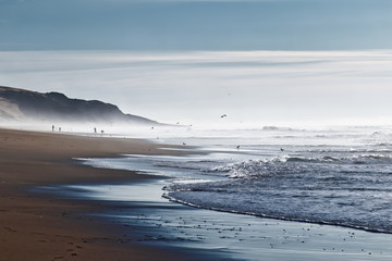 Stormy ocean surrounded by fog, silhouettes of people, and flock of birds