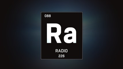 3D illustration of Radium as Element 88 of the Periodic Table. Grey illuminated atom design background with orbiting electrons. Name, atomic weight, element number in Spanish language
