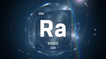 3D illustration of Radium as Element 88 of the Periodic Table. Blue illuminated atom design background with orbiting electrons. Name, atomic weight, element number in Spanish language