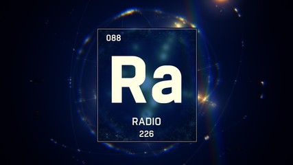 3D illustration of Radium as Element 88 of the Periodic Table. Blue illuminated atom design background with orbiting electrons. Name, atomic weight, element number in Spanish language