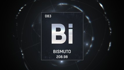 3D illustration of Bismuth as Element 83 of the Periodic Table. Silver illuminated atom design background with orbiting electrons. Name, atomic weight, element number in Spanish language