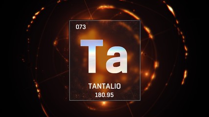 3D illustration of Tantalum as Element 73 of the Periodic Table. Orange illuminated atom design background with orbiting electrons. Name, atomic weight, element number in Spanish language