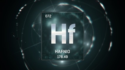 3D illustration of Hafnium as Element 72 of the Periodic Table. Green illuminated atom design background with orbiting electrons. Name, atomic weight, element number in Spanish language