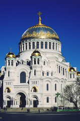 Fototapeta na wymiar The Naval cathedral of Saint Nicholas in Kronstadt. Famous russian church.