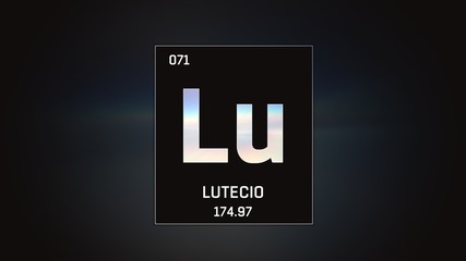 3D illustration of Lutetium as Element 71 of the Periodic Table. Grey illuminated atom design background with orbiting electrons. Name, atomic weight, element number in Spanish language