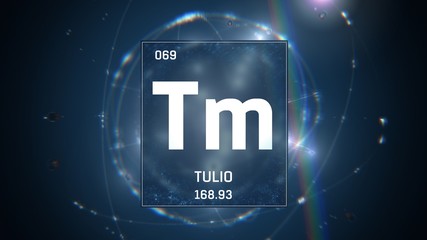 3D illustration of Thulium as Element 69 of the Periodic Table. Blue illuminated atom design background with orbiting electrons. Name, atomic weight, element number in Spanish language