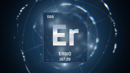 3D illustration of Erbium as Element 68 of the Periodic Table. Blue illuminated atom design background with orbiting electrons. Name, atomic weight, element number in Spanish language