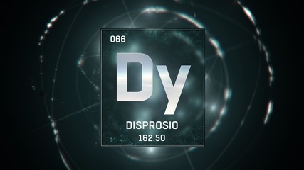 3D illustration of Dysprosium as Element 66 of the Periodic Table. Green illuminated atom design background with orbiting electrons. Name, atomic weight, element number in Spanish language