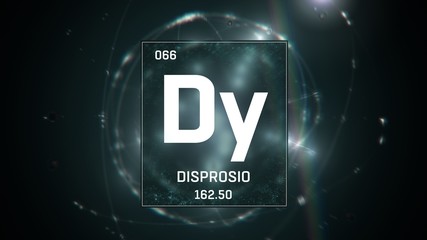 3D illustration of Dysprosium as Element 66 of the Periodic Table. Green illuminated atom design background with orbiting electrons. Name, atomic weight, element number in Spanish language