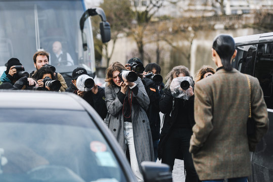 Paris, France - March 02, 2019: Street style photographers during Paris Fashion Week - PFWFW19