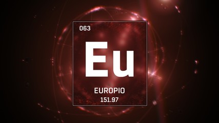 3D illustration of Europium as Element 63 of the Periodic Table. Red illuminated atom design background with orbiting electrons. Name, atomic weight, element number in Spanish language