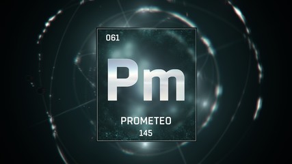 3D illustration of Promethium as Element 61 of the Periodic Table. Green illuminated atom design background with orbiting electrons. Name, atomic weight, element number in Spanish language