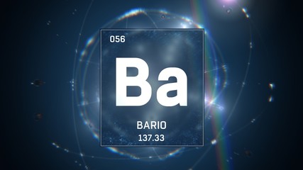 3D illustration of Barium as Element 56 of the Periodic Table. Blue illuminated atom design background with orbiting electrons. Name, atomic weight, element number in Spanish language