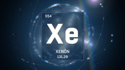 3D illustration of Xenon as Element 54 of the Periodic Table. Blue illuminated atom design background with orbiting electrons. Name, atomic weight, element number in Spanish language