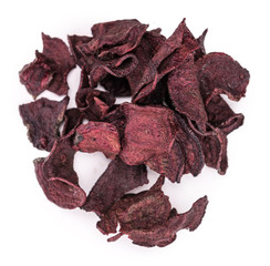 Some healthy Beetroot Chips (selective focus; close-up shot)