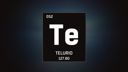 3D illustration of Tellurium as Element 52 of the Periodic Table. Grey illuminated atom design background with orbiting electrons. Name, atomic weight, element number in Spanish language