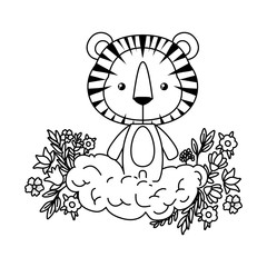 Cute tiger over cloud with flowers and leaves vector design