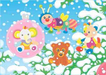 Christmas tree ball with a cute baby elephant and other colorful and bright holiday toys hanging on snow-covered branches of a beautiful green fir on a snowy winter day, vector cartoon