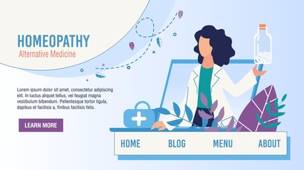 Flat Landing Page Promoting Alternative Homeopathy Medicine. Online Consultative Service. Woman Doctor Giving Advise, Selling Homeopathic Pills for Treatment. Vector Cartoon Illustration