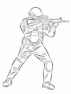 illustration of a policeman or soldier with a gun, vector draw