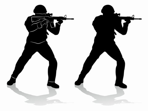silhouette of a policeman or soldier with a gun, vector draw