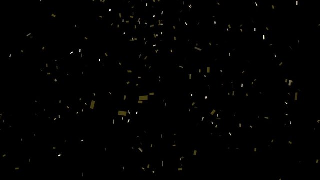 Explosions of gold paper falling down, bursting confetti on black background.