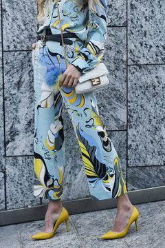 Milan, Italy - February 22, 2019: Street style &ndash; Erica Pelosini wearing a Fendi purse after a fashion show during Milan Fashion Week - MFWFW19