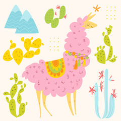 Cute vector design with alpaka and cacti