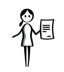 Flipchart style drawing of woman holding paper document - line art illustration for presentations