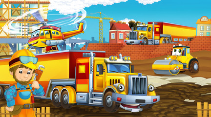 Plakat cartoon scene with industry cars on construction site and flying helicopter and plane - illustration for children