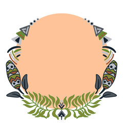Round Frame with indian feathers and patterns and leaves on colored round background. Vector illustration