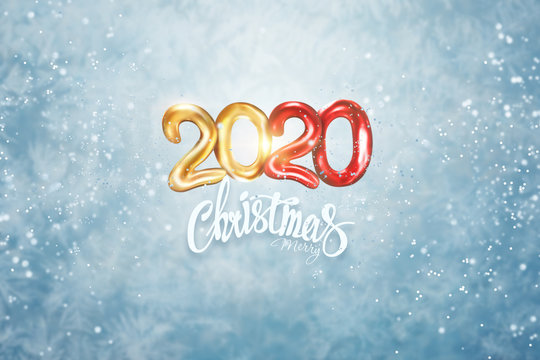 Text Merry Christmas 2020 on an icy background, happy new year. Calligraphy lettering card design template. Holiday greeting gift poster. 3D illustration, 3D render. Copy space