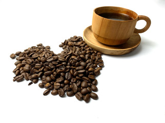 cup of coffee with beans on white background