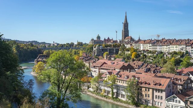 Bern city skyline with view of Aare river in Bern city, Switzerland time lapse