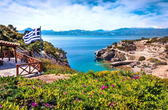 Splendid morning view of West Court of Heraion of Perachora, Limni Vouliagmenis location, Greece, Europe.  Sunny spring seascape of Aegean sea. Traveling concept background.