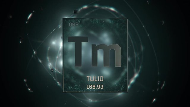 Thulium as Element 69 of the Periodic Table. Seamlessly looping 3D animation on green illuminated atom design background with orbiting electrons. Name, atomic weight, element number in Spanish languag