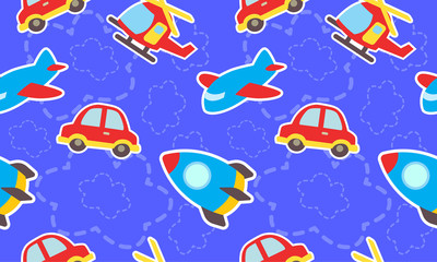 toys kids car, plane, helicopter, space rocket pattern seamless