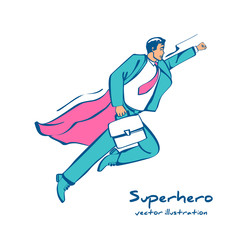 Superhero sketch icon. Human in a red cloak flies up to perform a feat. Vector illustration sketch design. Isolated on white background. Defender of honor and valor.