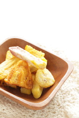 Asian food,  deep fried yam and jack fruit on wooden plate