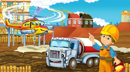 cartoon scene with industry cars on construction site and flying helicopter and plane - illustration for children