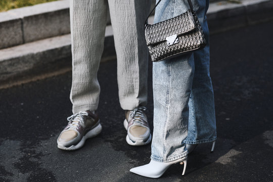 Milan, Italy - February 21, 2019: Street style &ndash; Emporio Armani handbag detail before a fashion show during Milan Fashion Week - MFWFW19