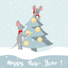 Creative Merry Christmas and Happy New Year 2020 greeting card. Mice decorate the Christmas tree with cheese balls. Used as a greeting card, flyer, poster, calendar. Landing page