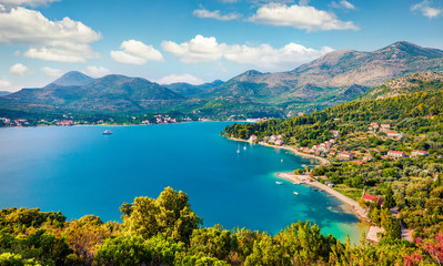 Aerial view of Slano town on the west seashore of Croatia, Europe. Bright summer seascape of Adriatic sea.Beautiful world of Mediterranean countries. Traveling concept background.