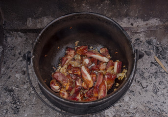 Close-up of cooking meat in a cauldron on coals, picnic, tourism