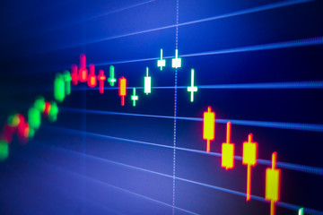 Blue stock exchange market graph on LED screen for business analysis. Finance and economic graphs.