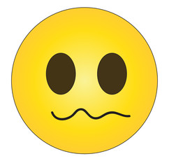 Confused emoji face. Yellow face emoticon with open black eyes and a skewed frown, as if scrunching its cheeks or chewing lips. Expression of feeling puzzled, sad, confused, disappointed, frustrated.