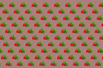 the horizontal pattern consists of red berries and green strawberry leaves on a dark pink background. Suitable for printing, for the Internet, for banners. Concept: gardening, food