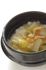 Korean food, cod fish and cabbage in rice soup